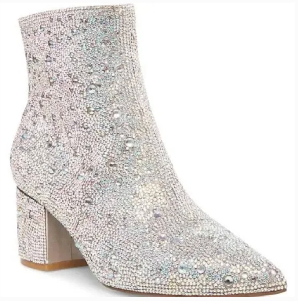 Betsey Johnson Kyla Boots 6.5 NWT Glitter Jewel Silver Ankle Booties Glam Heel